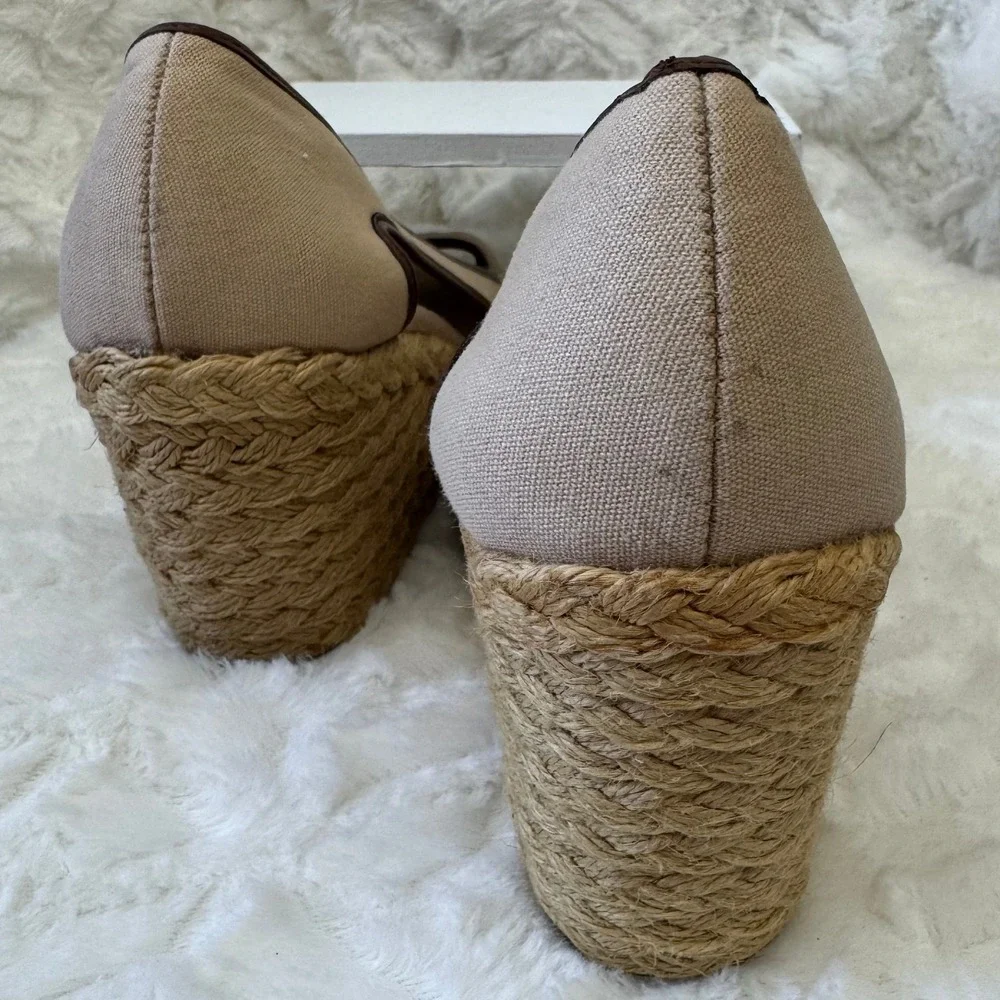 Chaps Open Toe Espadrille Wedge Heel Shoes Tan Canvas Brown Trim Casual
